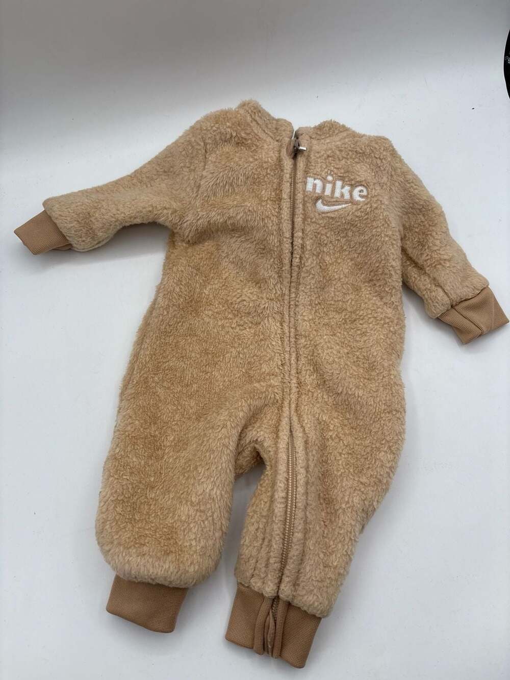 Nike Baby Tan Cozy Hooded Sherpa Bear Coverall One Piece Sz 3M